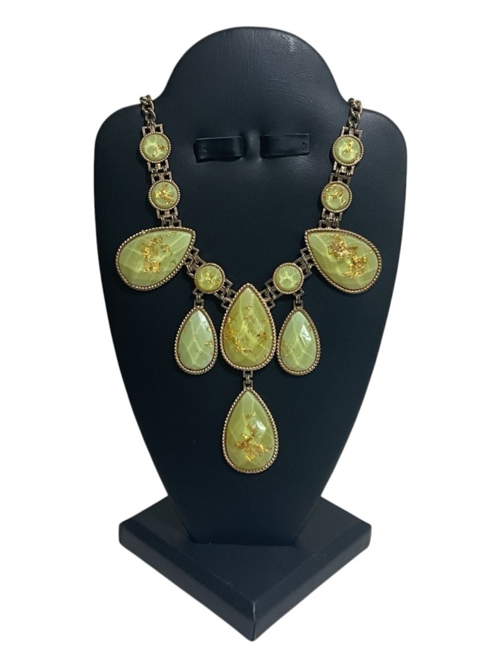 Aldo Zawadi Statement Necklace – Gold-Flecked Green Cabochons in Gold Tone Bib D